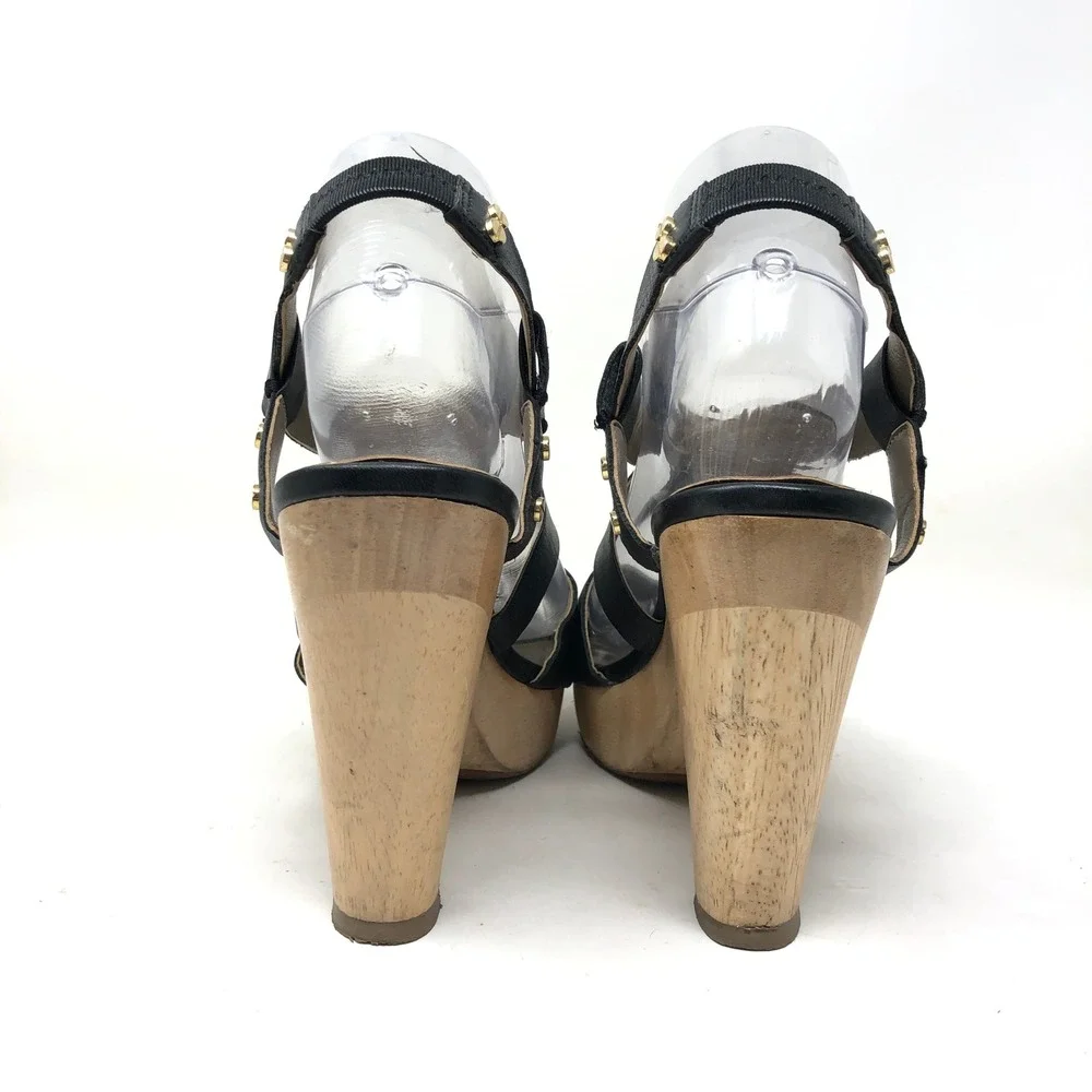 VTG Wooden Sandals Me Too‎ Womens 8.5M Ebony Leather Black Wood Heel Buckle